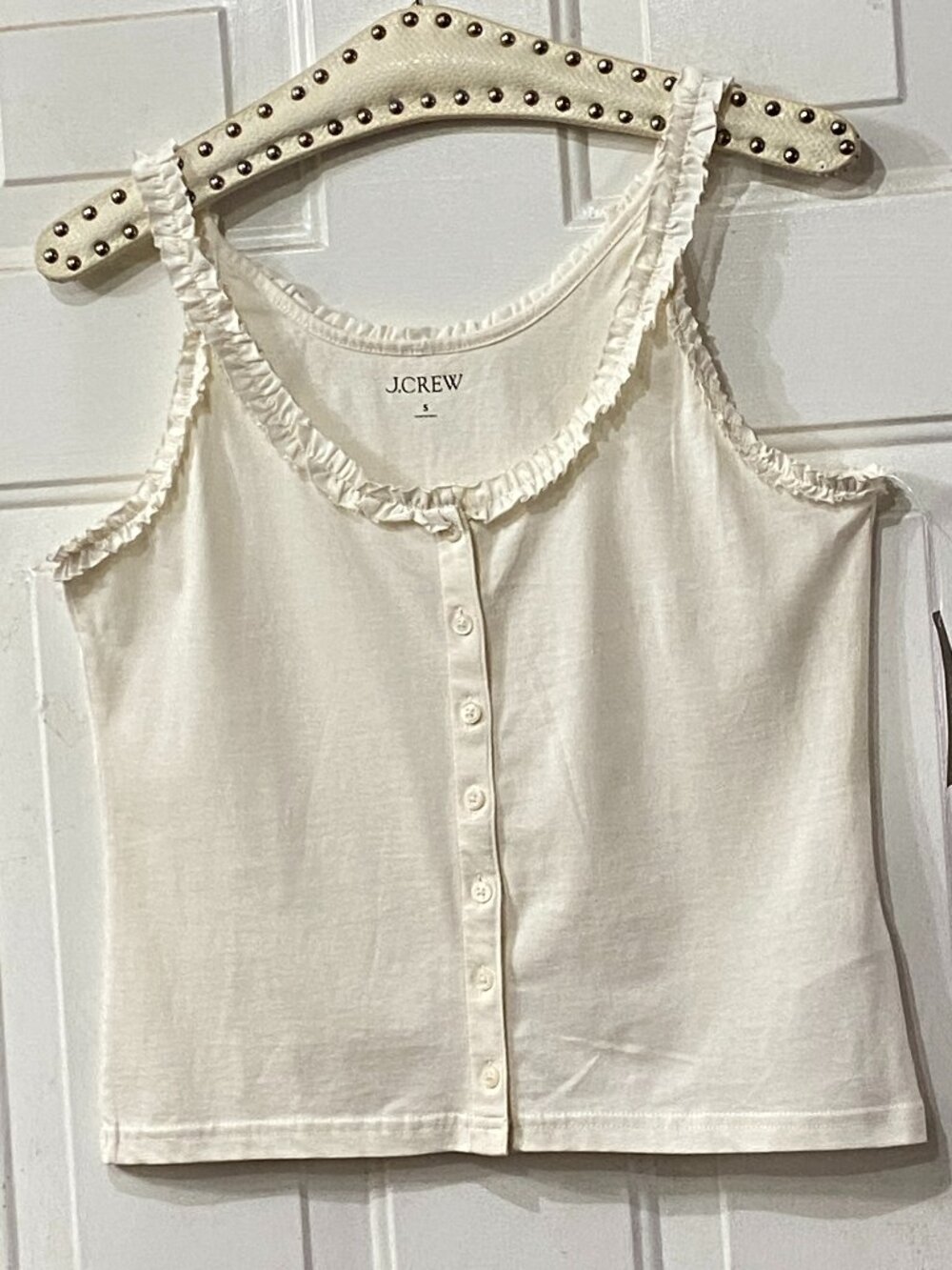 NWT J.Crew Sz S Womens Knit Ivory Tank Ruffle Trim Button Up Cotton